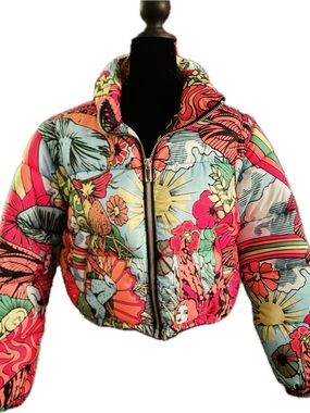 Dolls Kill Multicolor Floral Puffer Jacket - Vibrant Cropped Coat NWT